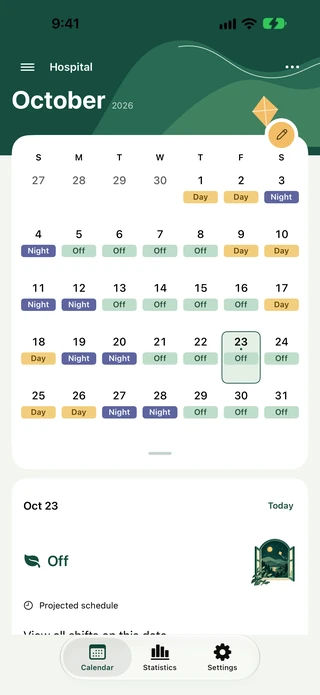 ShiftNook month calendar with color-coded day, night, and off shifts. Example records.