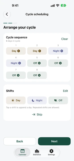 ShiftNook repeating shift rotation editor with example shift patterns.